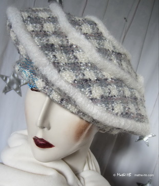 béret blanc-crème et gris-bleu, bonnet laine-carreaux béret blanc-crème et gris-bleu, bonnet laine-carreaux